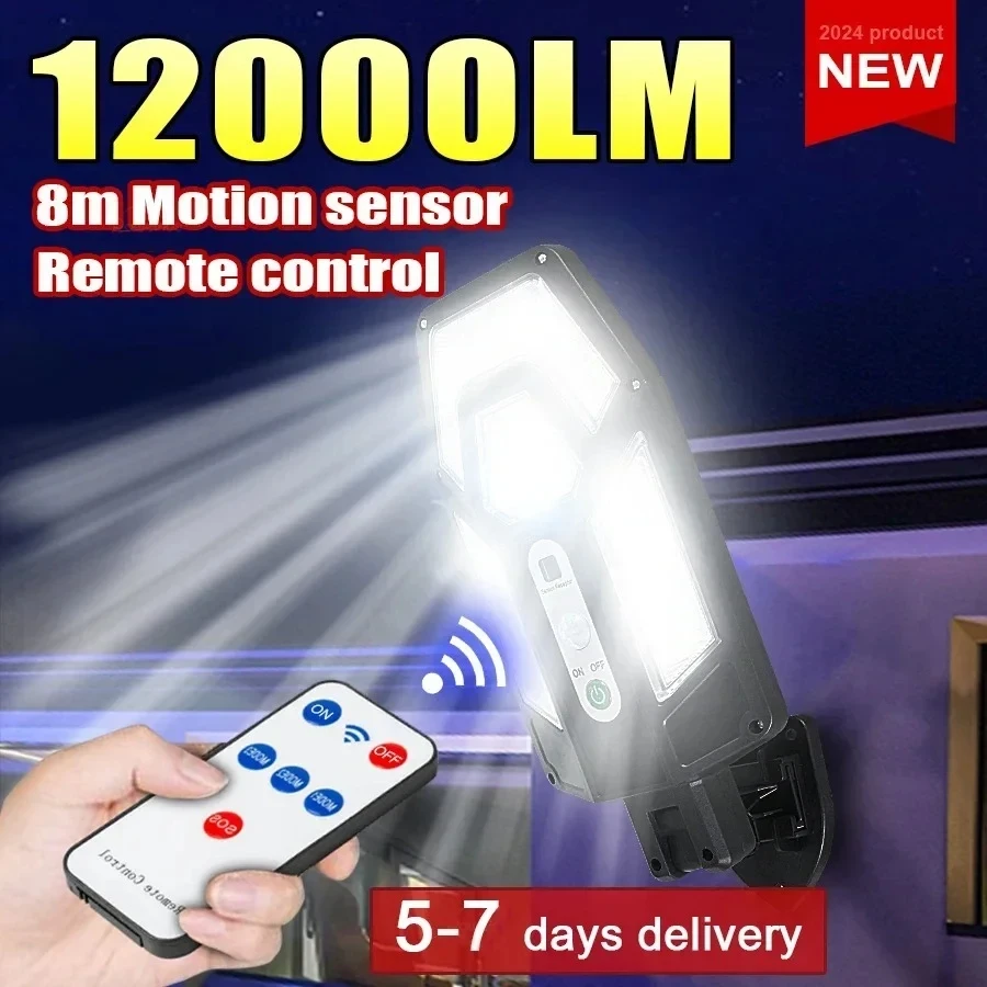 Solar Street Light Led - โคมไฟติดผนังพลังงานแสงอาทิตย์ทรงพลัง 12000 ลูเมน พร้อมรีโมท ไฟส่องสว่างกลางแจ้งกันน้ำระดับ IP65