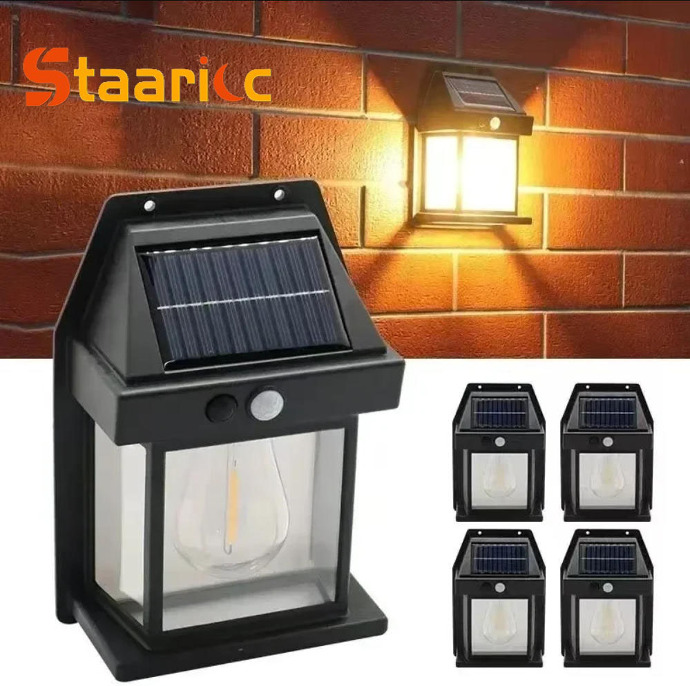 Solar Street Light Led - ไฟติดผนังโซลาร์เซลล์แบบทังสเตนสำหรับภายนอกอาคาร พร้อมเซ็นเซอร์ตรวจจับความเคลื่อนไหว IP65 กันน้ำ ไฟ LED